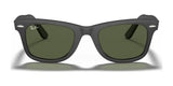 A pair of Ray-Ban WAYFARER RB2140F sunglasses in black, featuring dark green lenses with UV protection and a logo on the upper corner of the left lens.