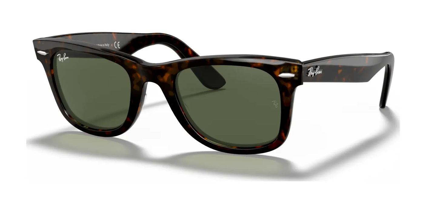 The Ray-Ban WAYFARER RB2140F sunglasses in Tortoise №902, featuring dark green lenses, offer excellent UV protection against a white backdrop.