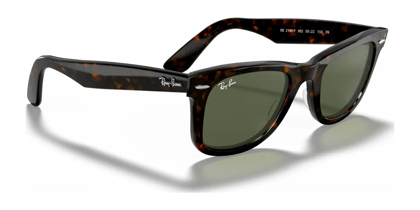 Ray-Ban WAYFARER RB2140F sunglasses feature a stylish tortoiseshell frame with dark green lenses, offering essential UV protection in a retro design.