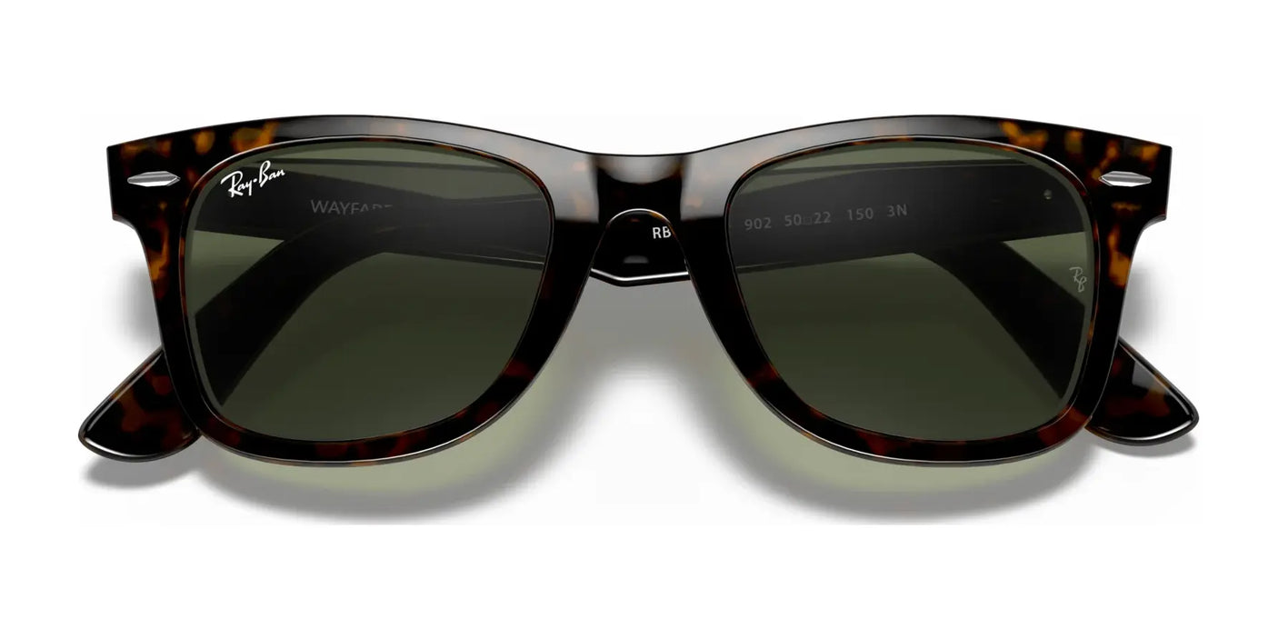 Ray-Ban WAYFARER RB2140F sunglasses feature a stylish tortoiseshell design with dark green lenses and a rectangular frame, providing excellent UV protection.