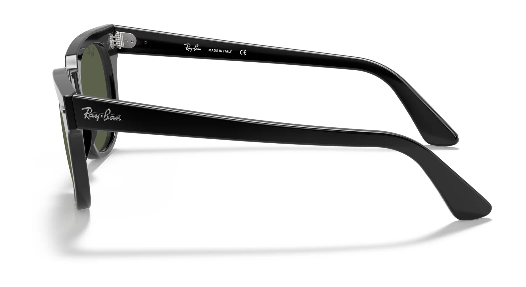 Side view of Ray-Ban METEOR RB2168 sunglasses, size 50, showcasing black frames, green lenses, branded arms, and UV protection.