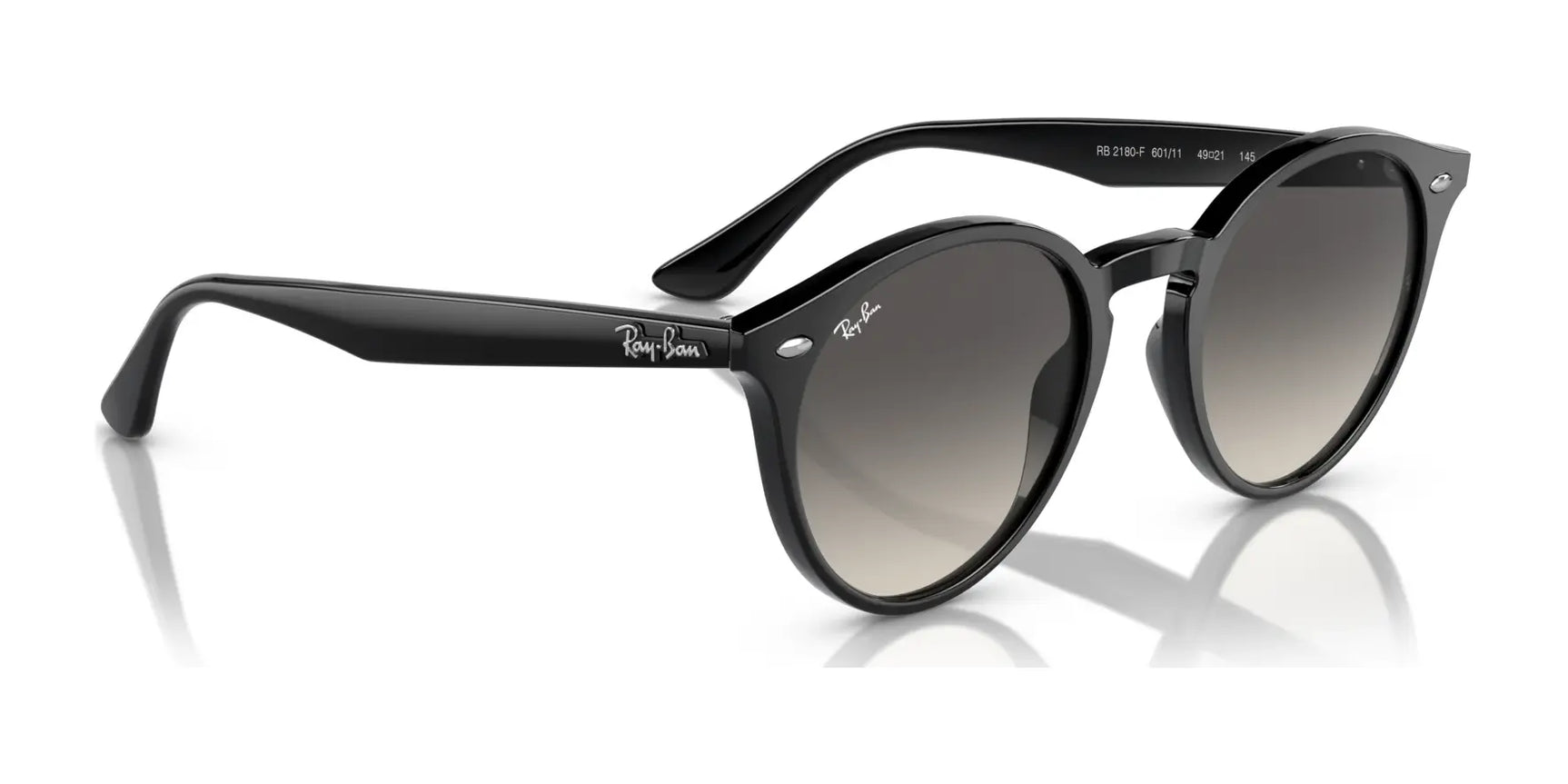 The Ray-Ban RB2180F Sunglasses in size 49 feature a round black frame with dark lenses and a logo on the temple, capturing an iconic style.