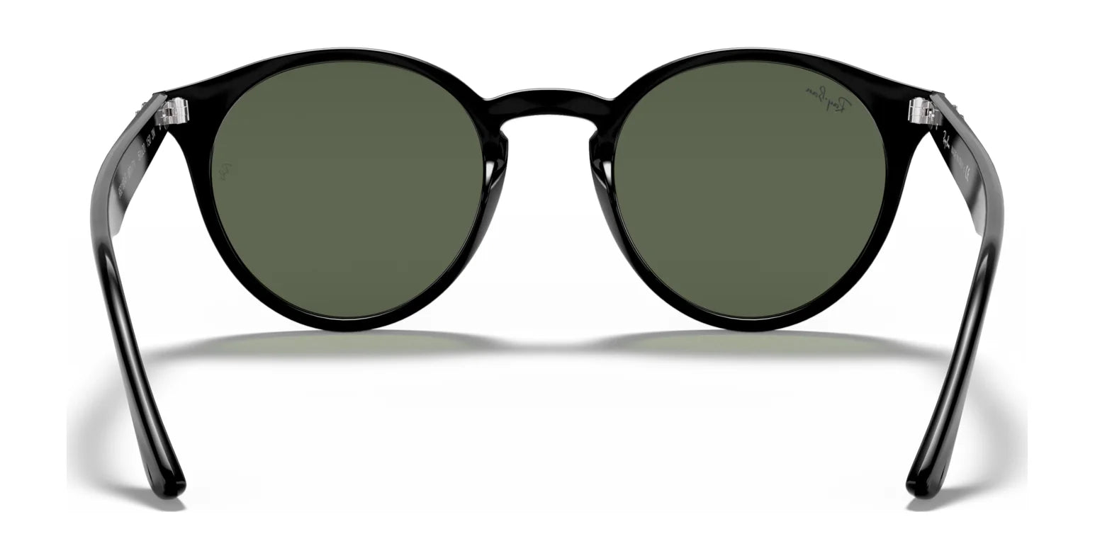 The Ray-Ban RB2180F Sunglasses (Size 49) feature an oval shape with black frames and dark green lenses, offering UV protection, elegantly displayed against a pristine white background.