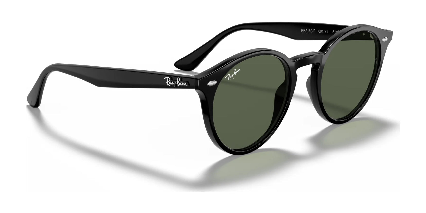 Ray-Ban RB2180F sunglasses in black oval frames with green lenses, providing UV protection, shown on a white background.