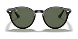 The Ray-Ban RB2180F sunglasses in size 49 have oval-shaped, round black frames and dark green lenses with UV protection and a subtle logo on the upper corner.