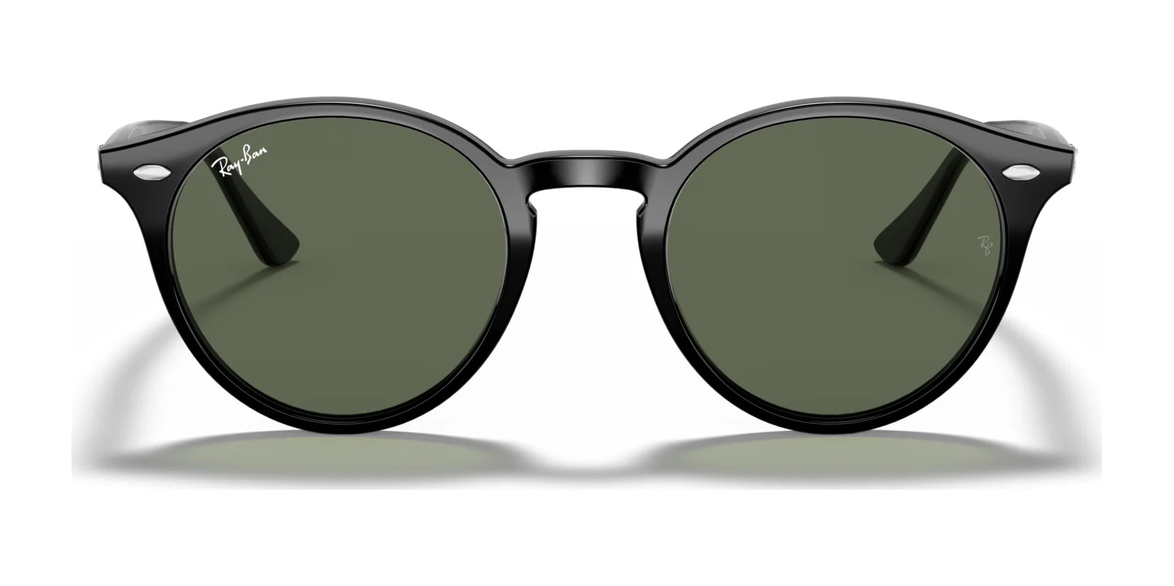 The Ray-Ban RB2180F sunglasses in size 49 have oval-shaped, round black frames and dark green lenses with UV protection and a subtle logo on the upper corner.