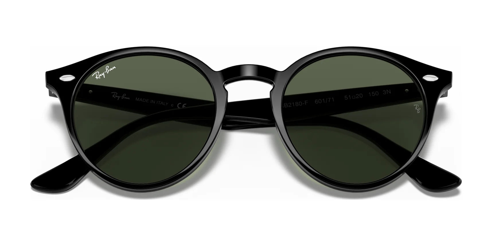 The Ray-Ban RB2180F Sunglasses in a size 49 boast a sleek oval shape with dark green lenses for UV protection, while their round black frames offer a timeless look.