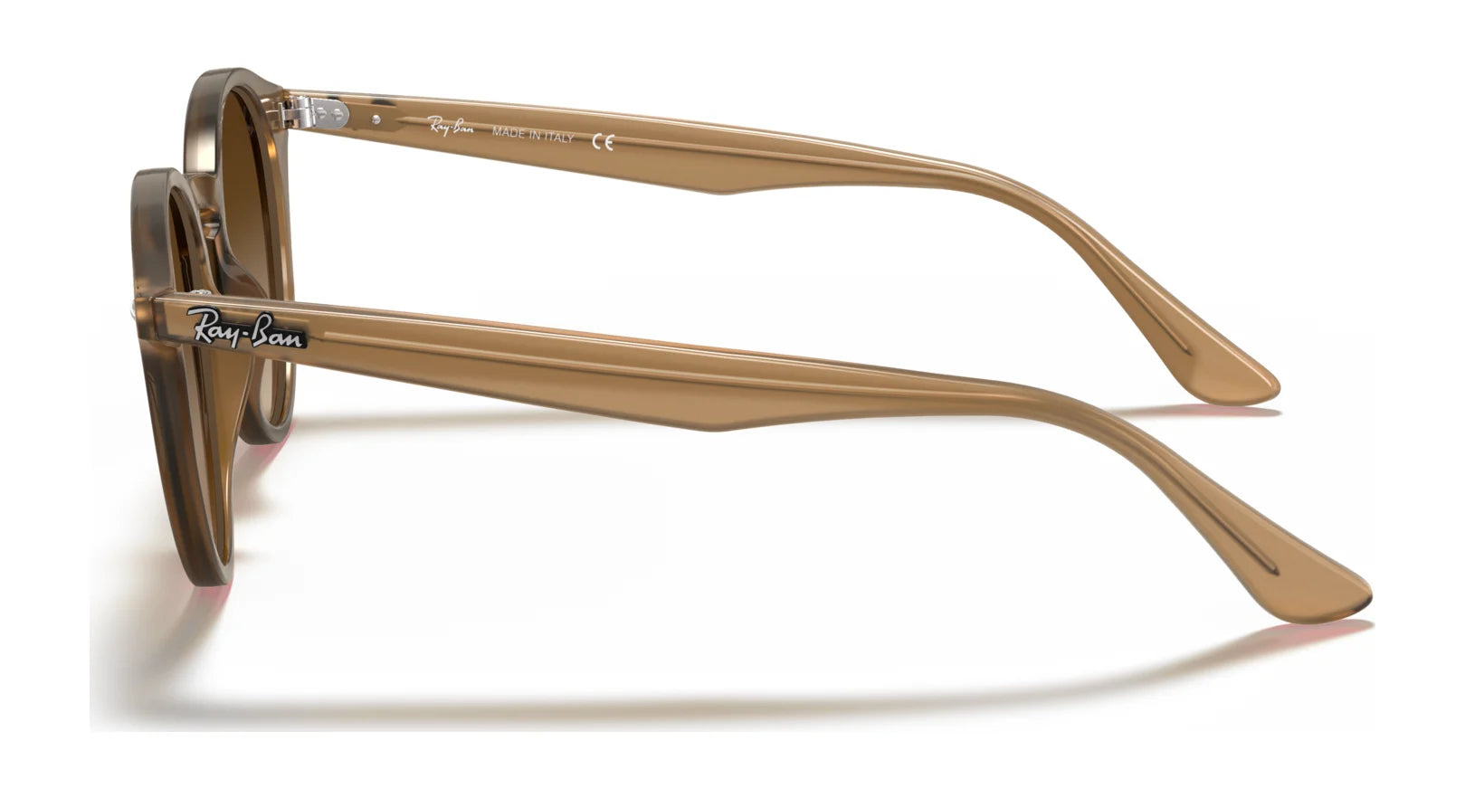 Side view of brown oval-shaped Ray-Ban RB2180F sunglasses, size 49, with transparent temples and brand logo on the side, offering stylish UV protection.