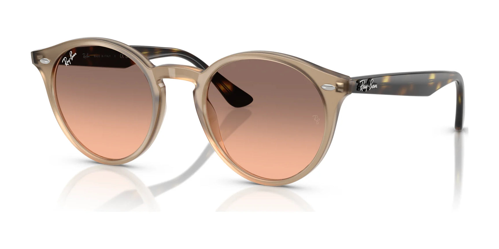 The Ray-Ban RB2180F Sunglasses, sized 49, showcase an oval shape with a beige frame and brown gradient lenses offering UV protection, accented with a small logo on the lens and temple.