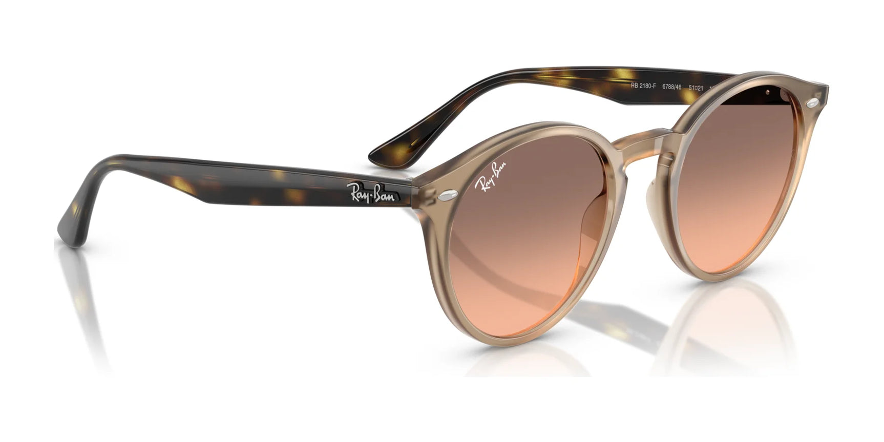 These Ray-Ban RB2180F sunglasses, size 49, feature an iconic style with tortoiseshell frames and brown gradient lenses, providing flair and essential UV protection.