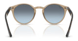 The front view of Ray-Ban RB2180F sunglasses features round beige frames with dark tinted lenses that provide UV protection, size 49.