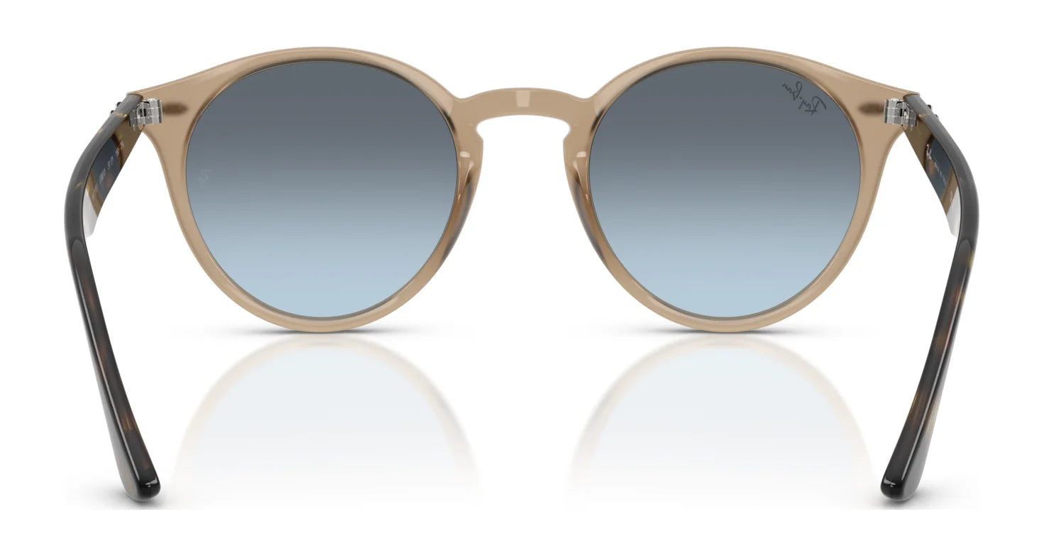 The front view of Ray-Ban RB2180F sunglasses features round beige frames with dark tinted lenses that provide UV protection, size 49.