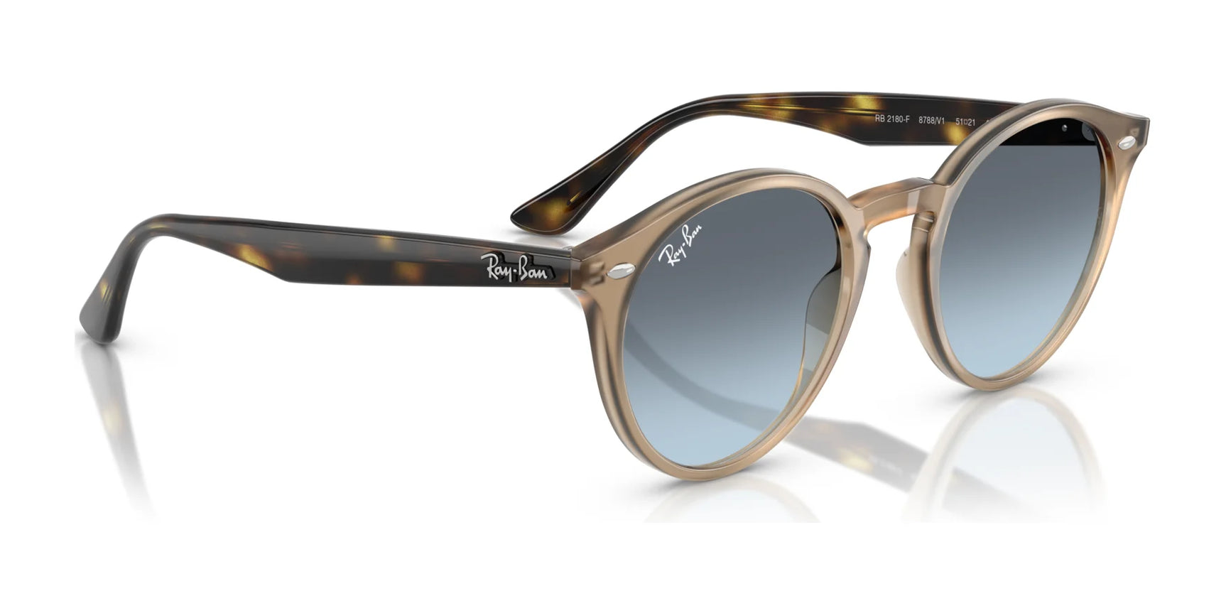 Ray-Ban RB2180F Sunglasses Size 49 feature round frames with a low bridge fit, brown tortoiseshell color, and blue lenses against a white background.