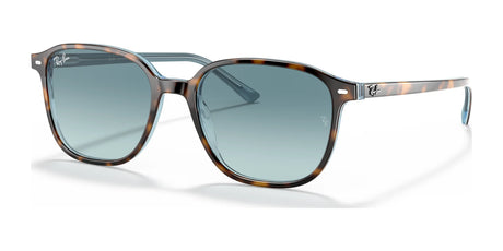 The Ray-Ban LEONARD RB2193 Havana On Light Blue sunglasses feature square frames, blue-tinted lenses, and clear earpieces, offering stylish UV protection.