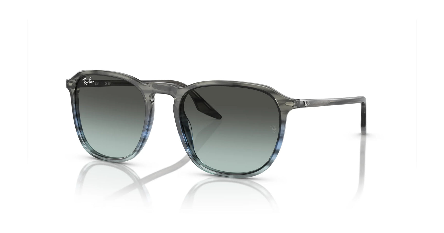 Ray-Ban RB2203 Sunglasses, featuring luxury frames with transparent gray color, UV-blocking dark lenses, and thin arms, elegantly reflect on a white surface.