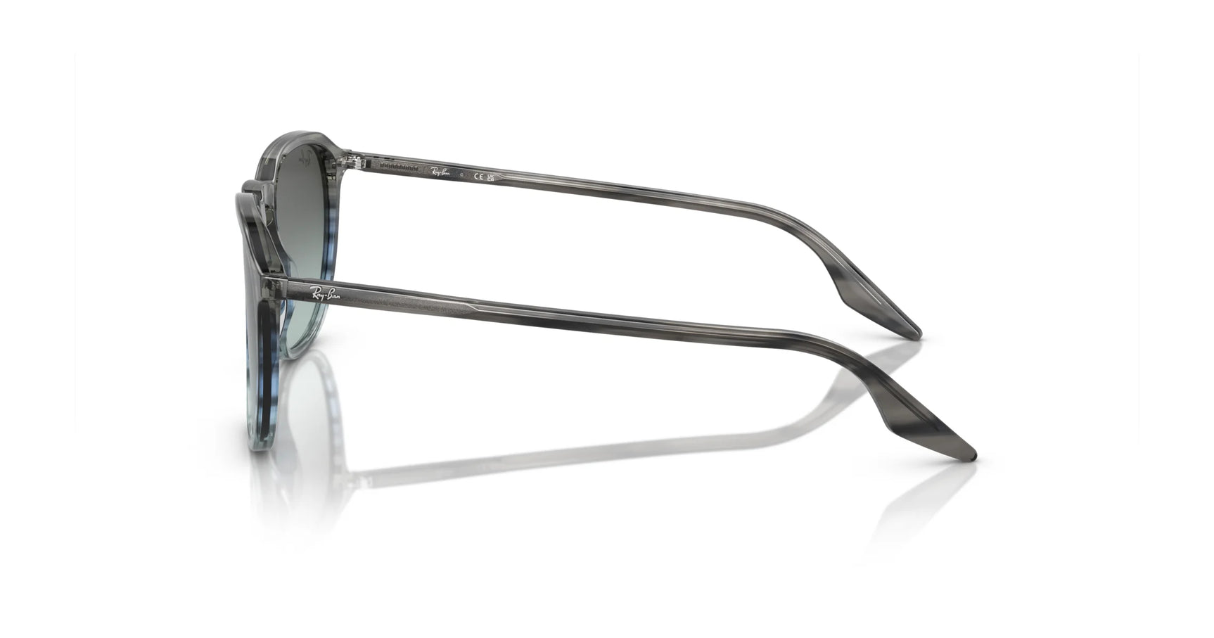 The side view of Ray-Ban RB2203 Sunglasses against a white background elegantly displays the gray hue with a subtle reflection, highlighting the chic acetate frames and advanced UV-blocking lenses.