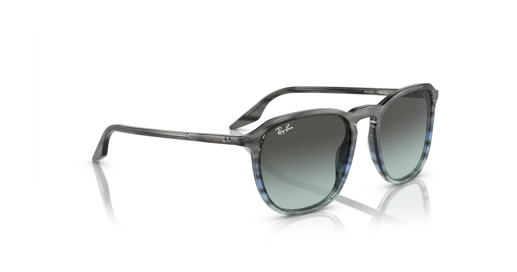 The Ray-Ban RB2203 sunglasses boast UV-blocking gray-tinted lenses and semi-transparent square frames, set against a white background.