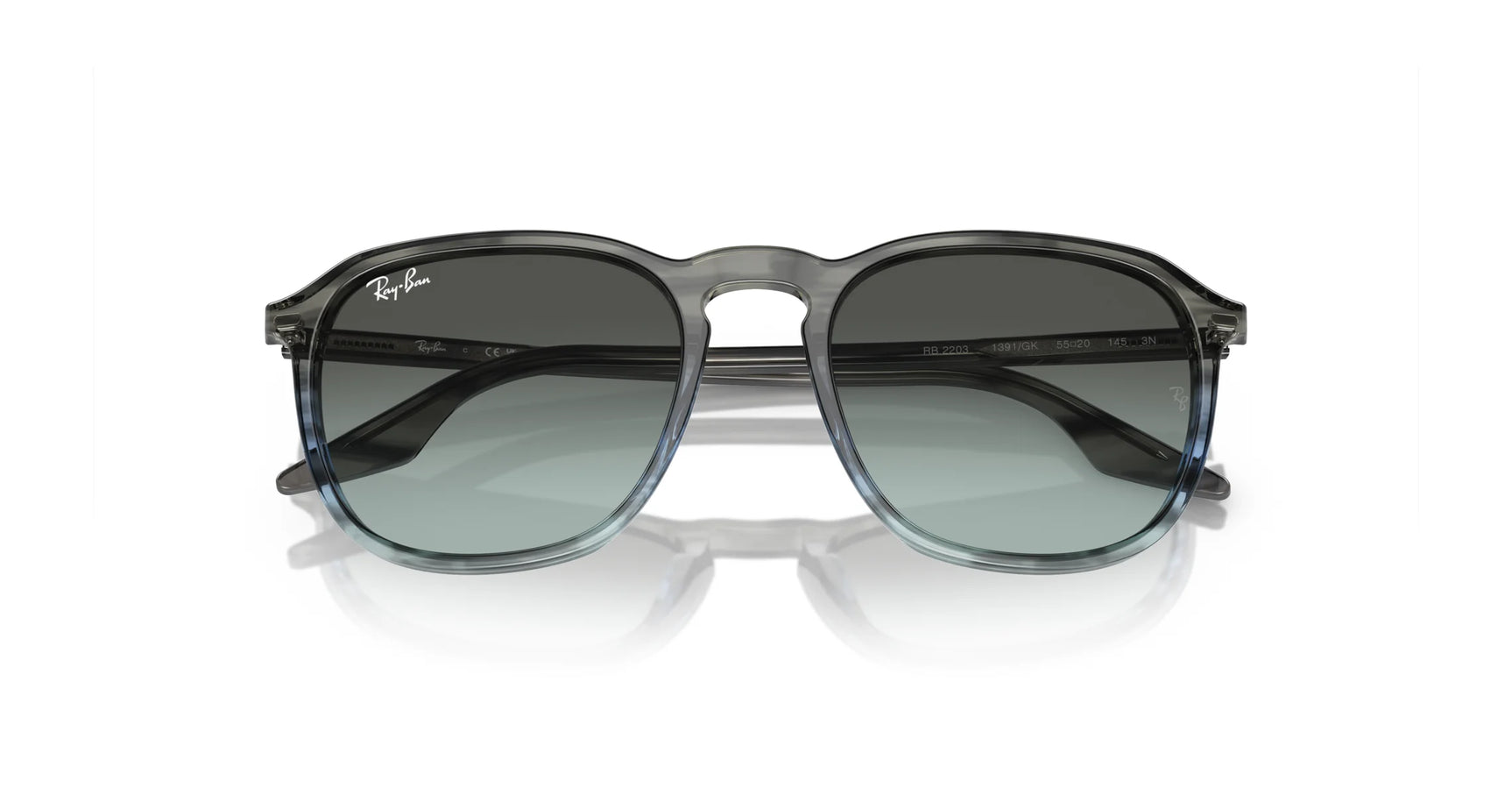 Ray-Ban RB2203 Sunglasses with luxury frames and dark, UV-blocking lenses, set against a white background.