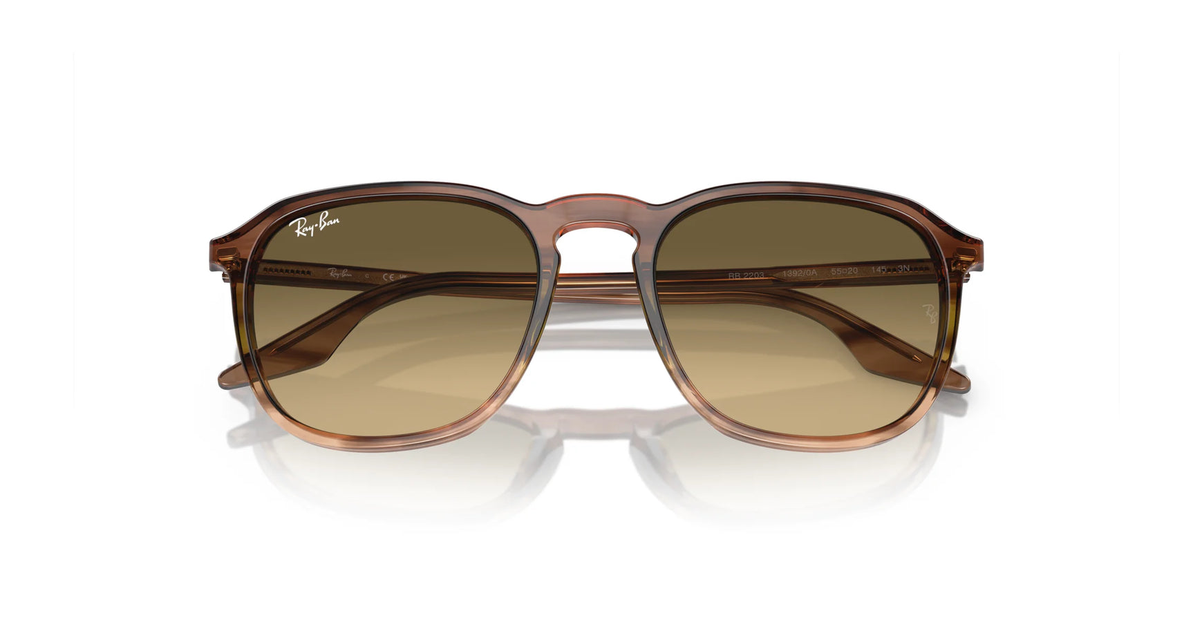 Ray-Ban RB2203 sunglasses showcase square brown frames with UV-blocking tinted lenses on a clean white background.