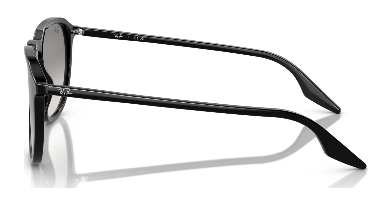 Side view of black Ray-Ban RB2203 sunglasses with UV-blocking dark-tinted lenses on a white background.