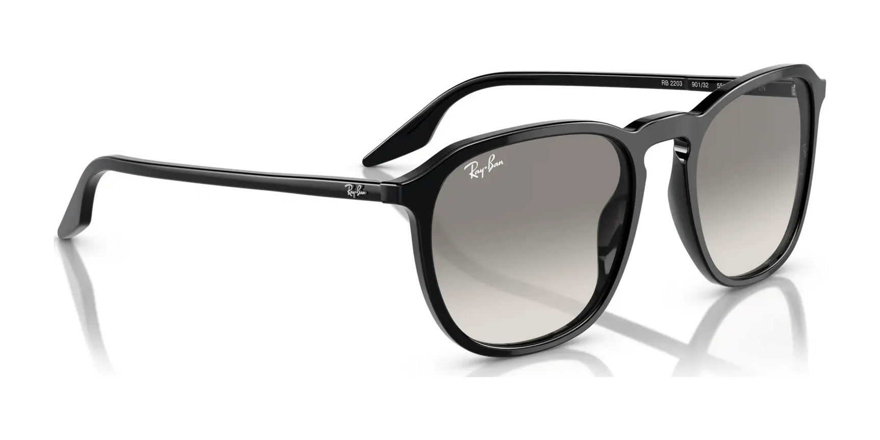 The Ray-Ban RB2203 Sunglasses have black square frames, round gray UV-blocking lenses, and feature a sleek silver logo on the arms.