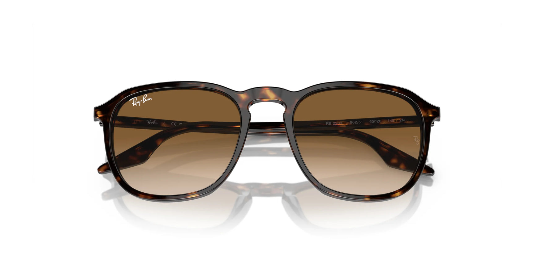 The Ray-Ban RB2203 Sunglasses showcase a brown tortoiseshell square frame with UV-blocking gradient lenses on a white background.