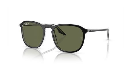 Ray-Ban RB2203 sunglasses with dark green, UV-blocking lenses and sleek black luxury frames rest on a white reflective surface.