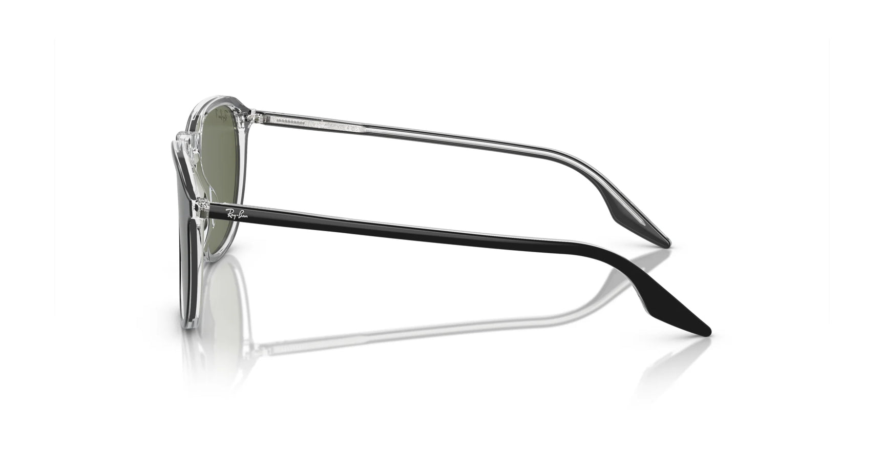 View of Ray-Ban RB2203 Sunglasses, featuring black arms and UV-blocking green tinted lenses, on a pristine white background.