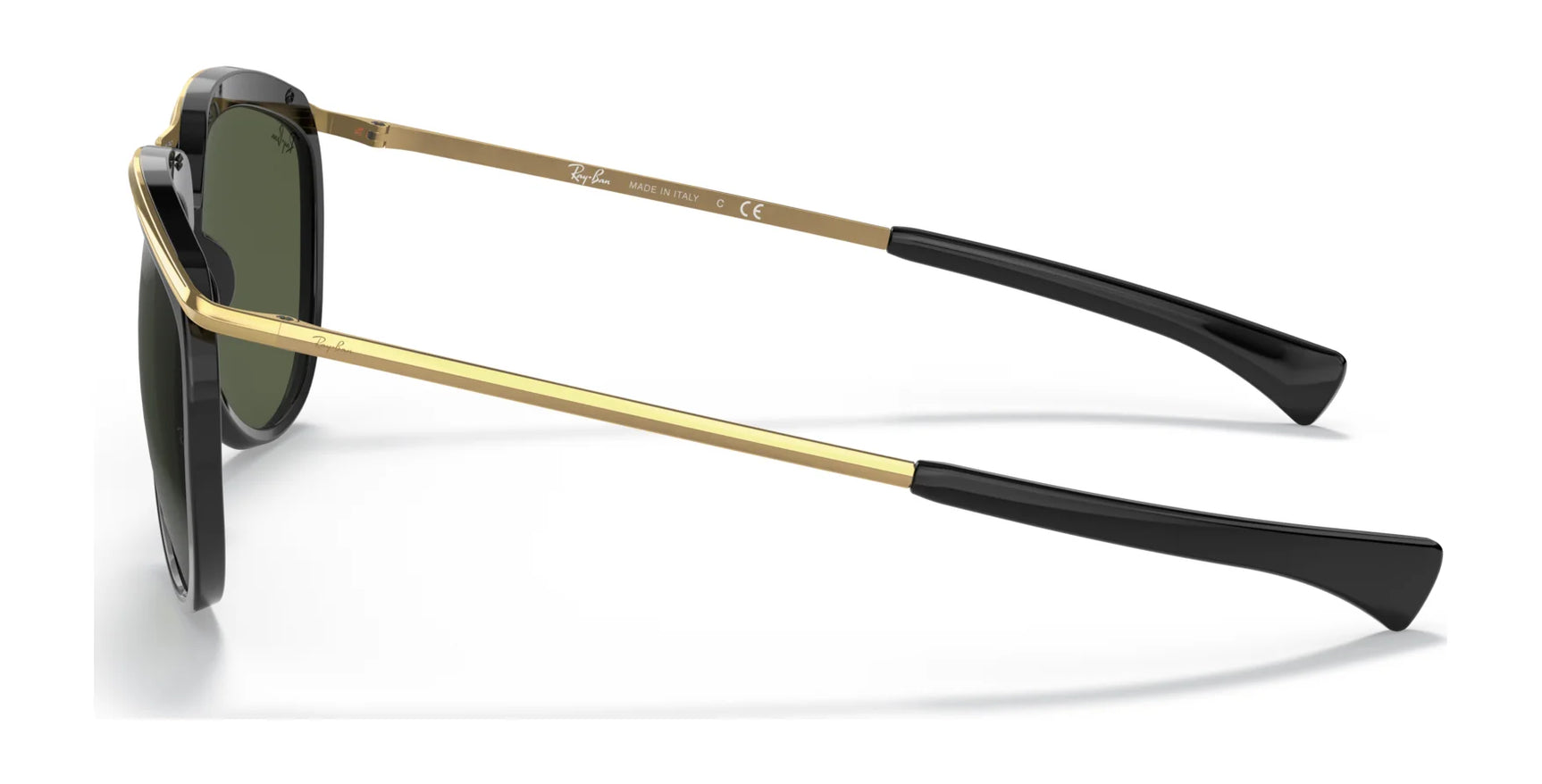 Ray-Ban OLYMPIAN AVIATOR RB2219 sunglasses in black and gold, size 59, featuring green UV-protected lenses, shown from a side angle.