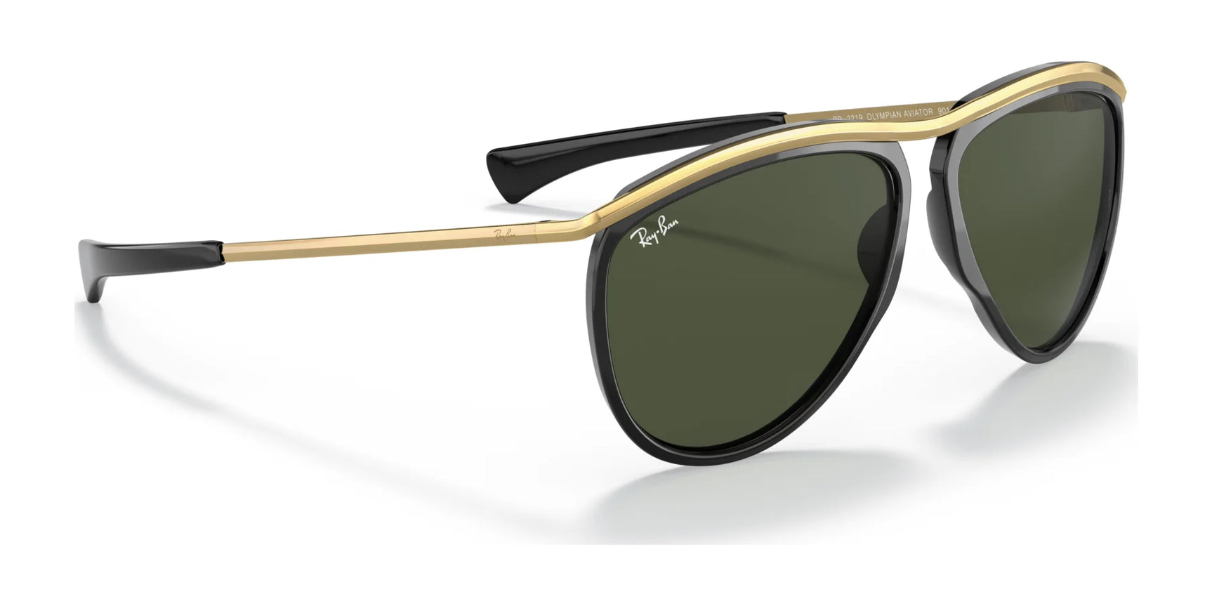 Enhance your style with Ray-Ban OLYMPIAN AVIATOR RB2219 Sunglasses. These feature sleek black frames, gold accents, and dark green UV-protected lenses for superior sun protection.