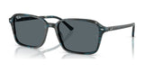 Ray-Ban RAIMOND RB2231 sunglasses, featuring a rectangular blue marbled frame and polarized dark lenses with thin arms, exude contemporary cool against a white background.