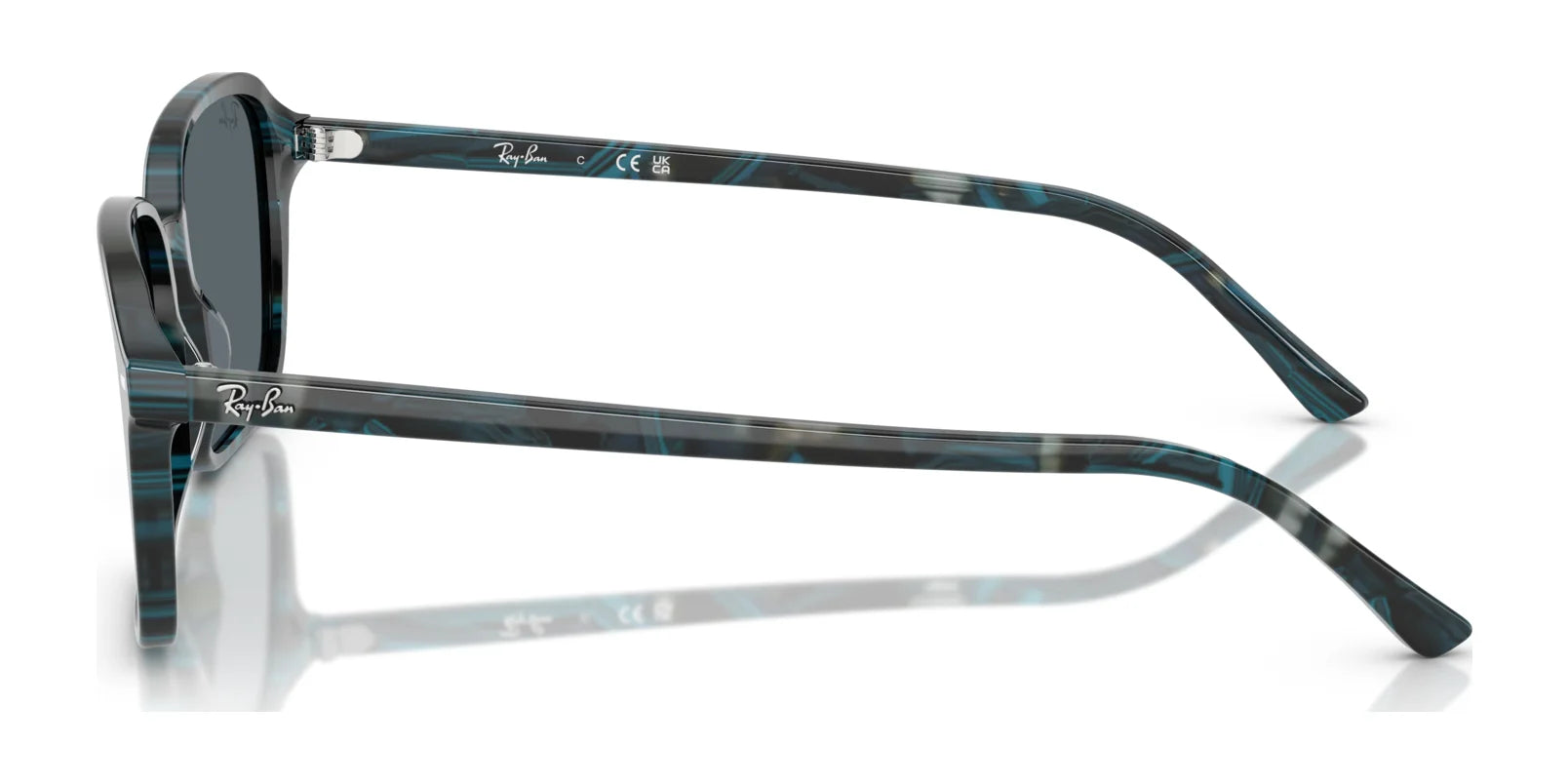 Side view of stylish Ray-Ban RAIMOND RB2231 sunglasses showcasing a chic blue and black marbled design with sleek rectangular frames.