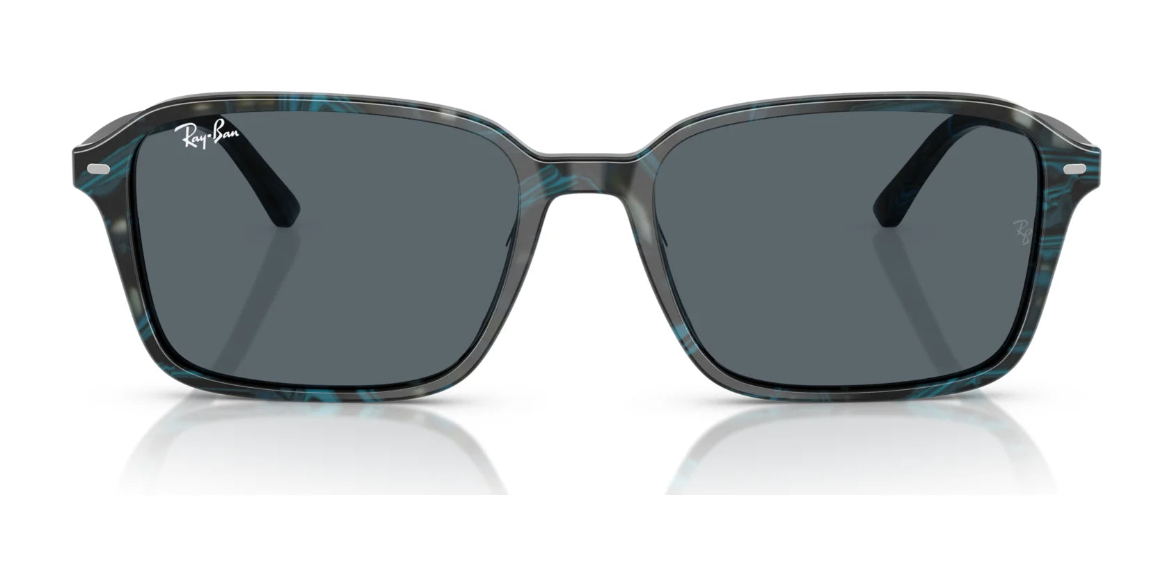 The Ray-Ban RAIMOND RB2231 sunglasses boast polarized dark lenses and a striking blue-tinted patterned frame.