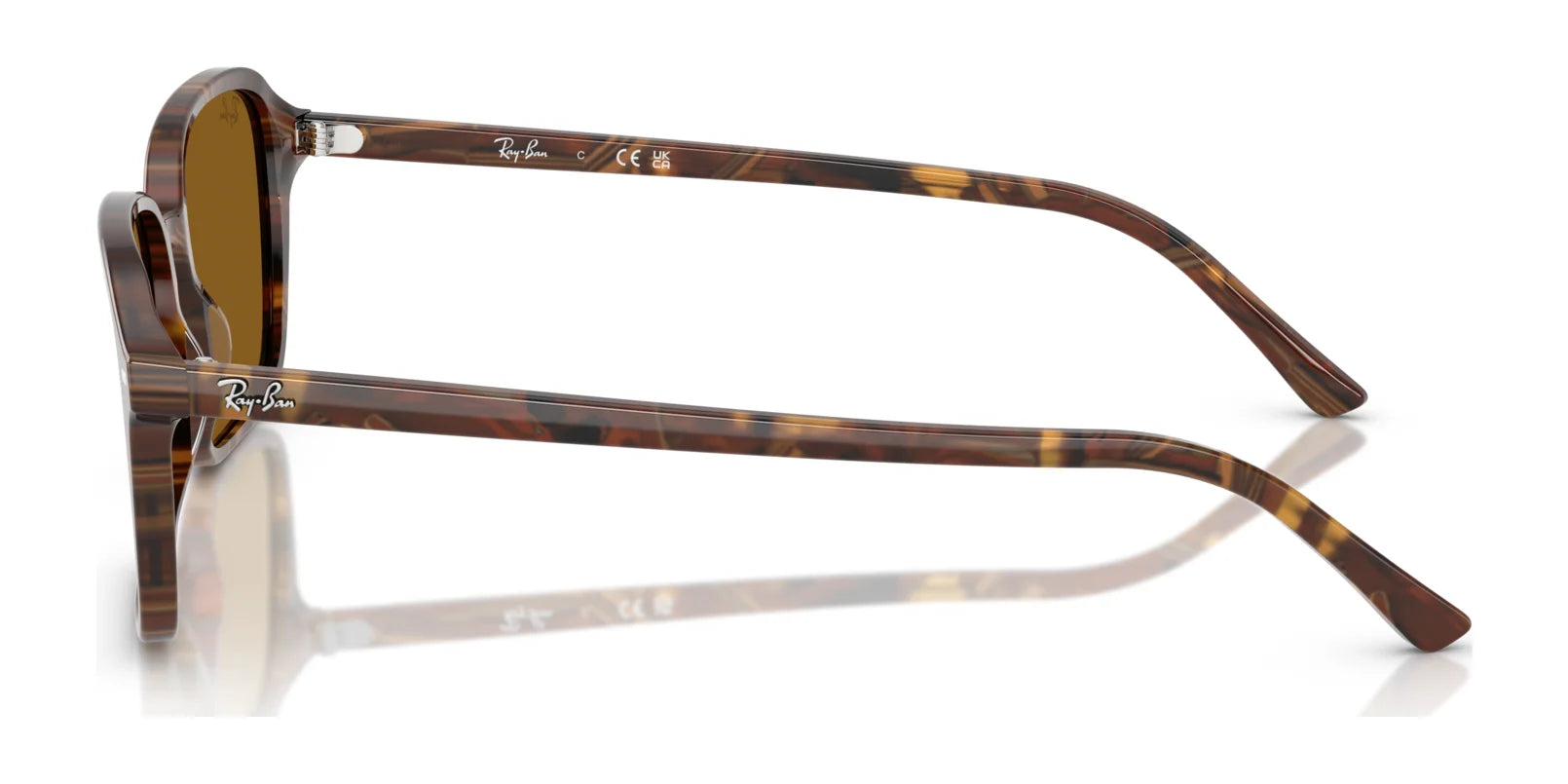 Side view of Ray-Ban RAIMOND RB2231 sunglasses featuring tortoiseshell rectangular frames, brown polarized lenses, and the iconic branded logo on the temples.