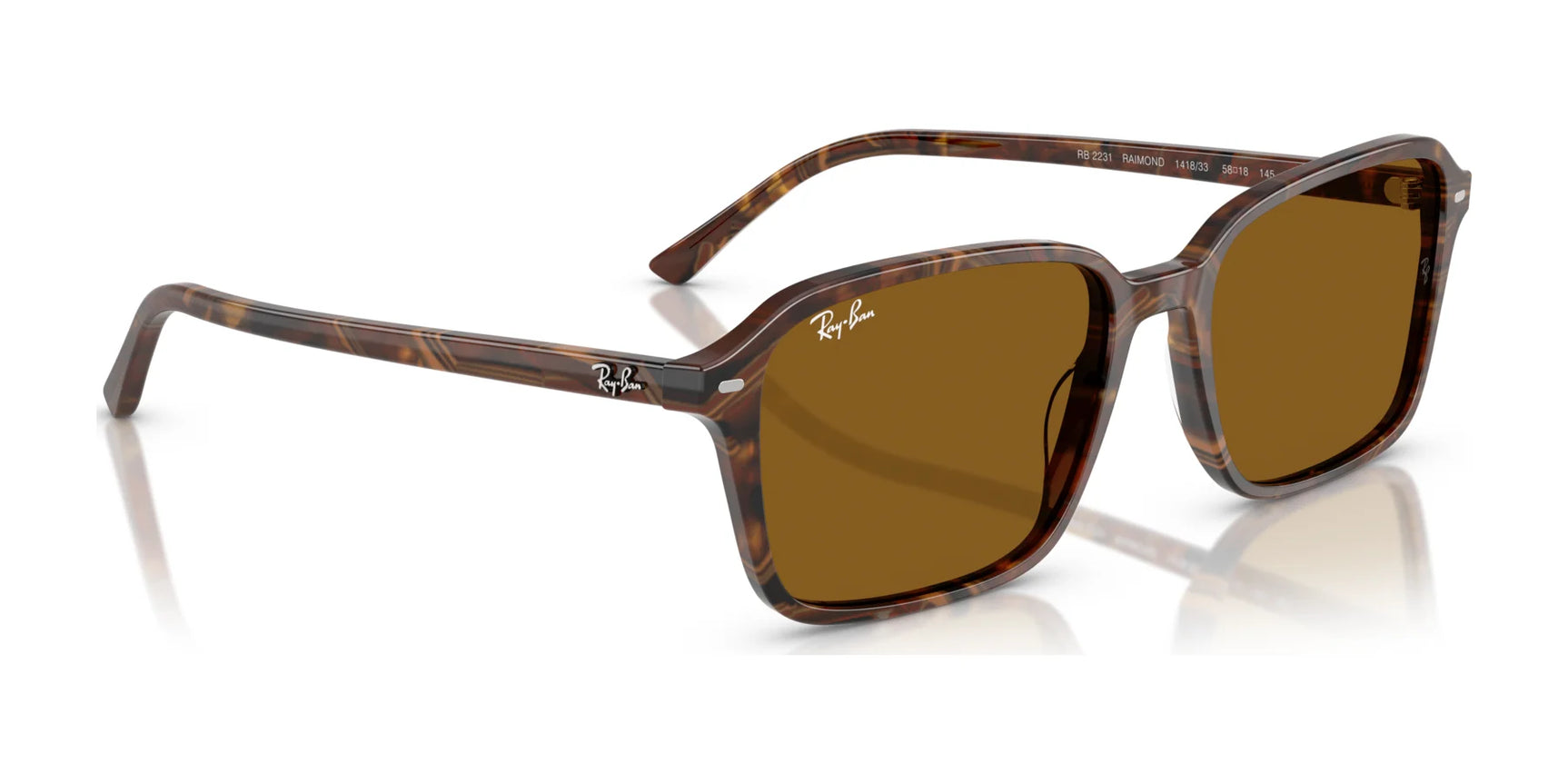 Ray-Ban RAIMOND RB2231 tortoise-shell rectangular sunglasses feature polarized brown lenses and display the Ray-Ban logo on the temples.