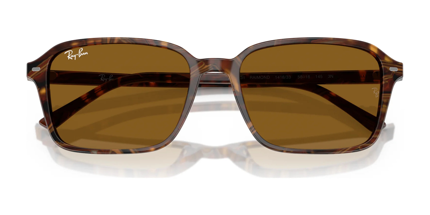 The Ray-Ban RAIMOND RB2231 sunglasses feature rectangular tortoiseshell frames and brown polarized lenses, with the iconic Ray-Ban logo adorning the upper left corner of the right lens.