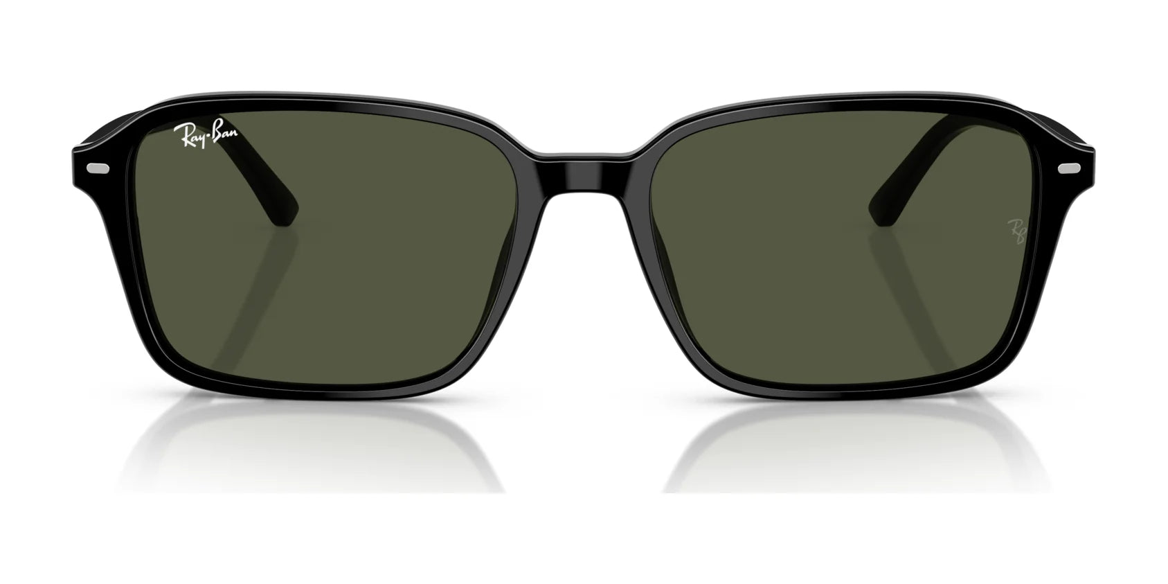 Ray-Ban RAIMOND RB2231 sunglasses have sleek black square frames with dark green lenses, displayed on a white background.