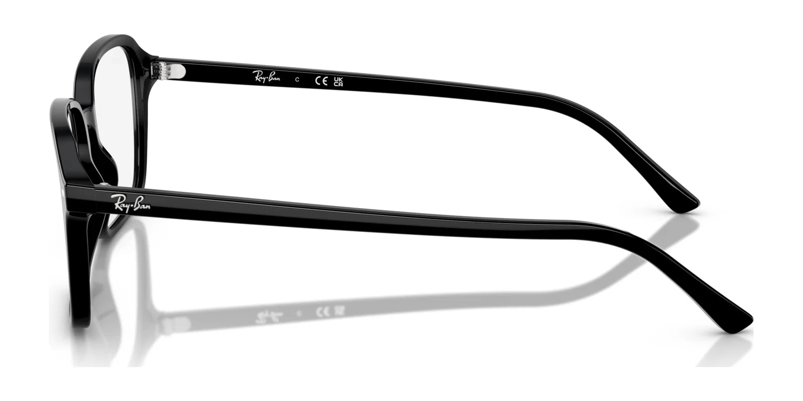 Side view of black Ray-Ban RAIMOND RB2231 sunglasses with rectangular frames, elegantly set against a crisp white background.