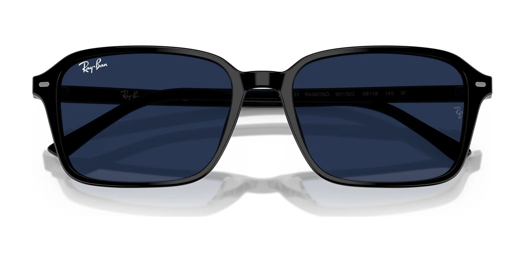 Close-up of stylish Ray-Ban RAIMOND RB2231 sunglasses showcasing black rectangular frames and dark polarized lenses.