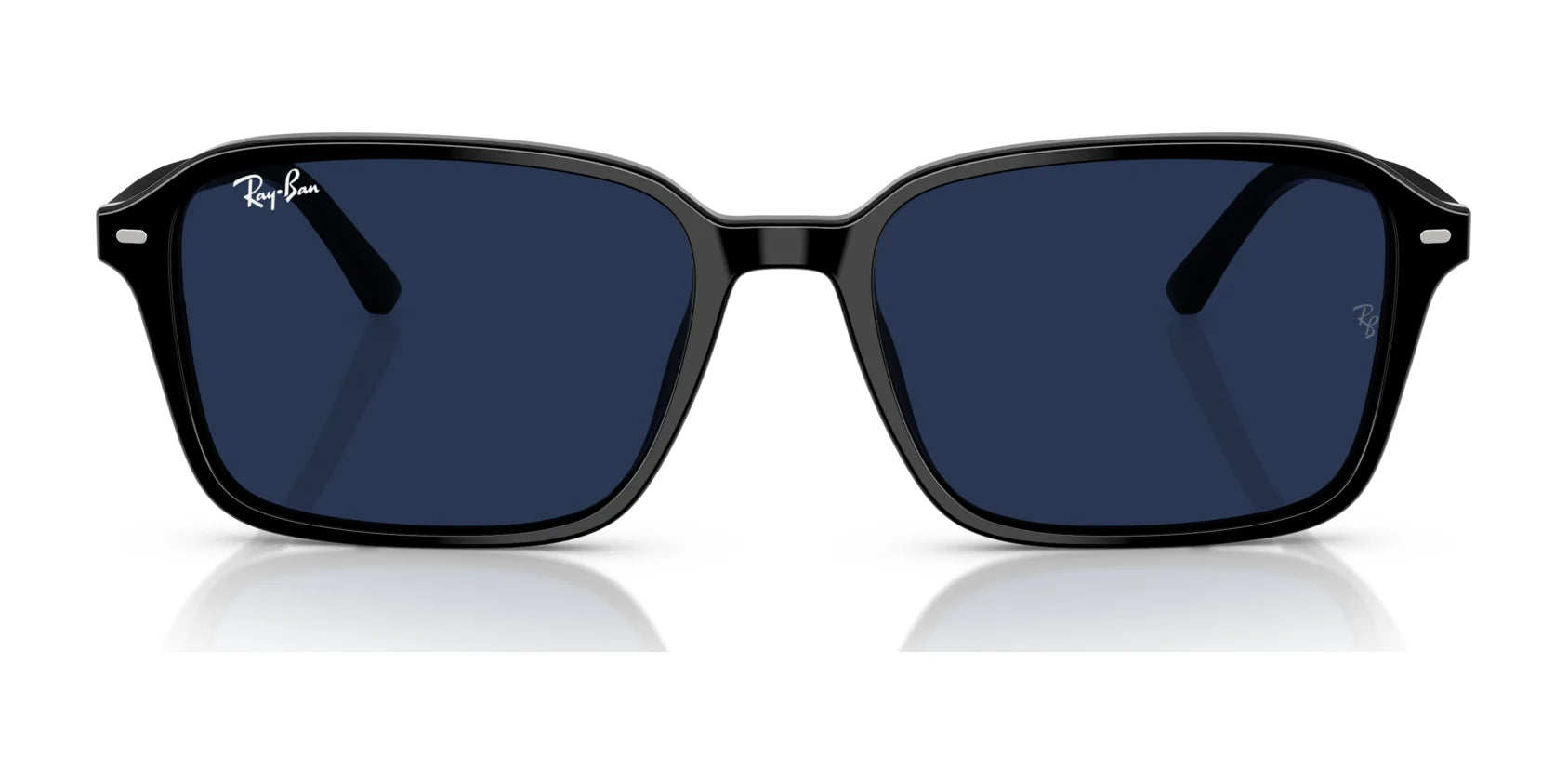 The Ray-Ban RAIMOND RB2231 Sunglasses boast sleek black rectangular frames, dark polarized lenses, and a small logo on the top left corner.