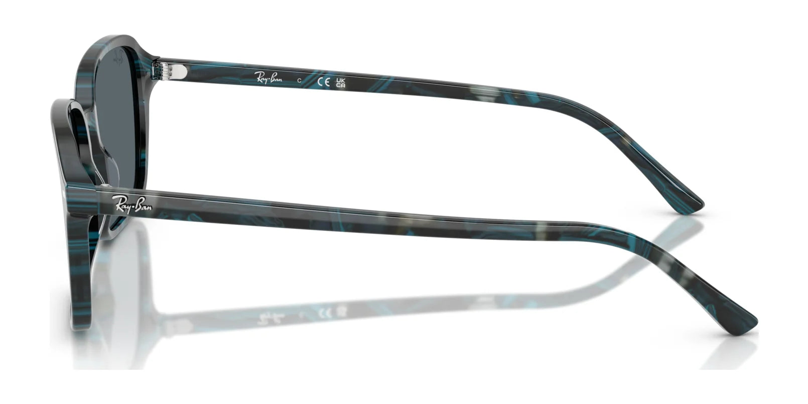 Side view of Ray-Ban RAIMOND RB2231F sunglasses, featuring round lenses and marbled blue/black frames. The brand logo is elegantly visible on the arms, highlighting their timeless design and superior quality.