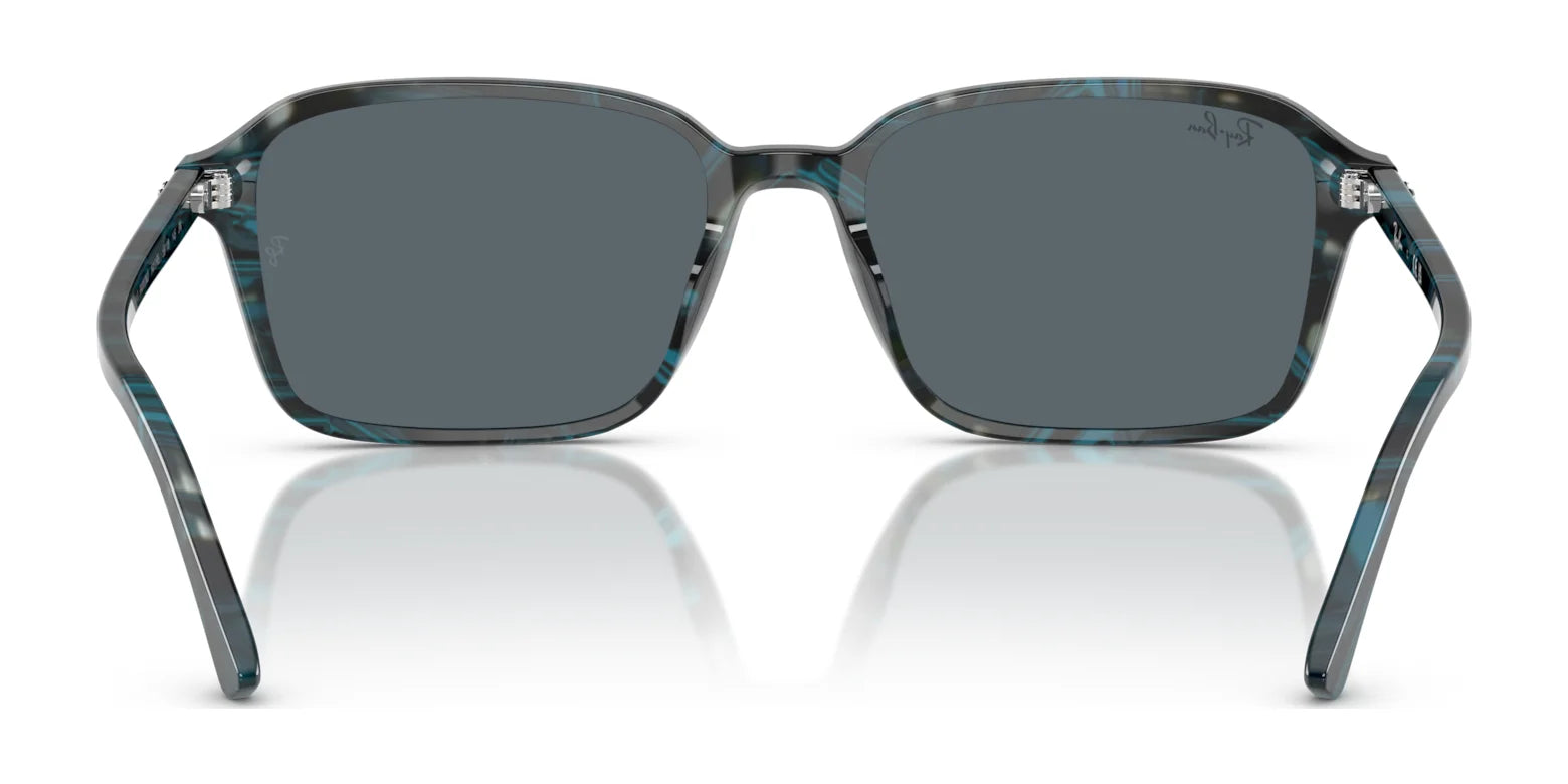 Front view of the square-shaped Ray-Ban RAIMOND RB2231F Sunglasses, Size 56, featuring dark lenses with reflective teal and black frames for a timeless design.