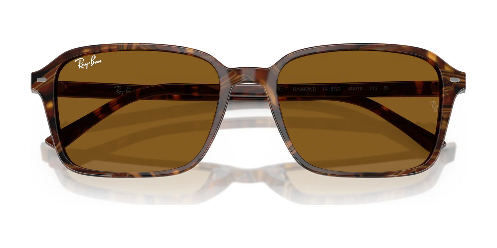 These Ray-Ban RAIMOND RB2231F Sunglasses, size 56, have full-rim brown tortoiseshell rectangular frames and brown lenses, set against a white background.