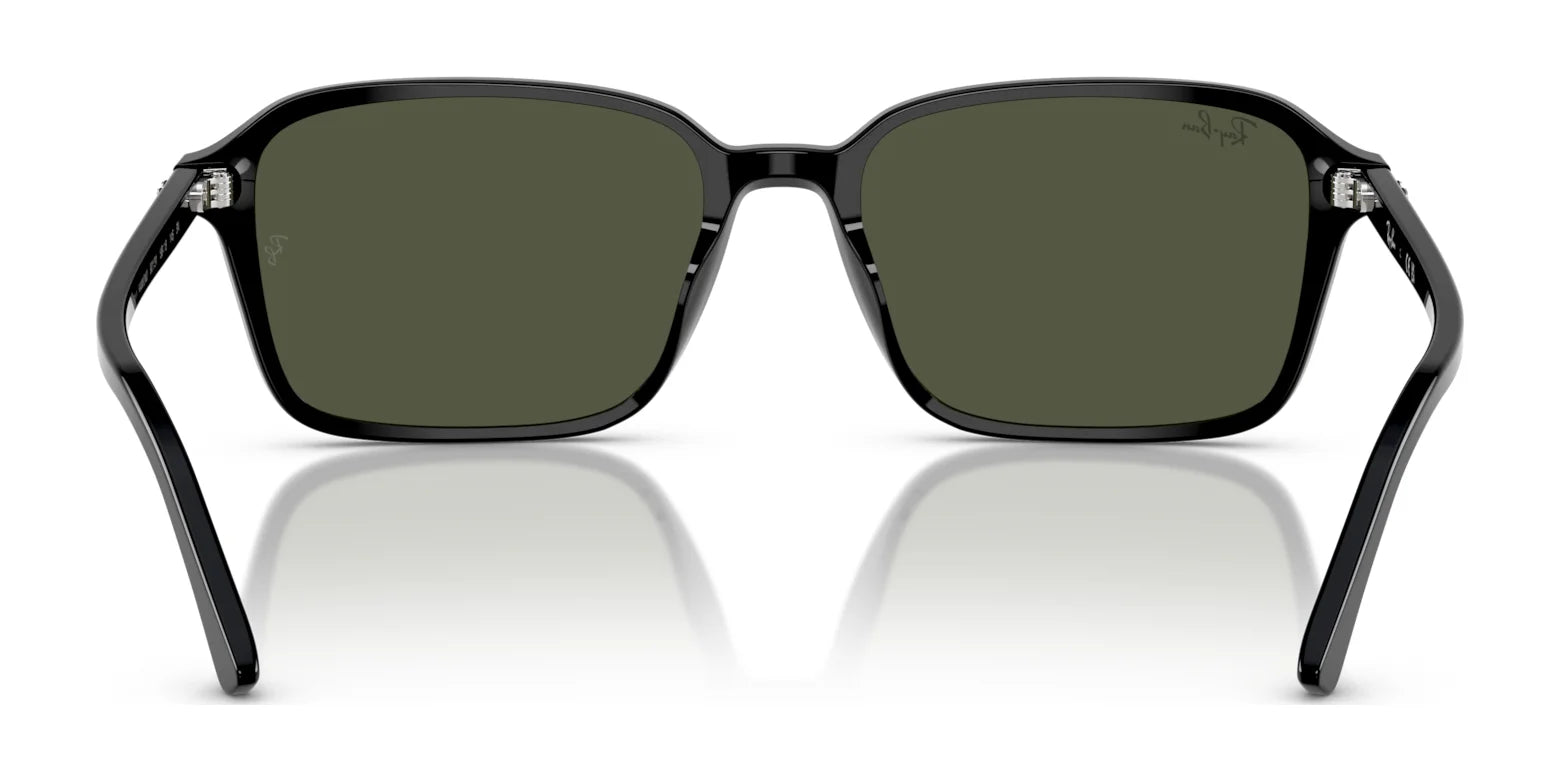 The Ray-Ban RAIMOND RB2231F Sunglasses, in size 56 with black rectangular frames and dark lenses, are showcased elegantly on a white surface, exemplifying Ray-Ban's classic and superior quality style.