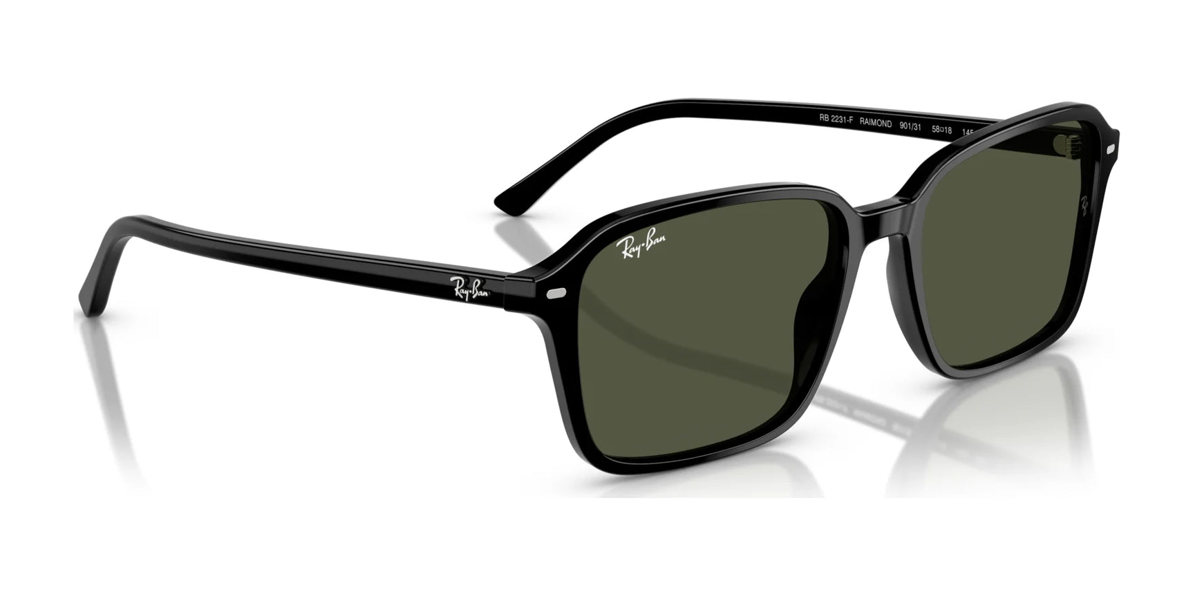 Ray-Ban RAIMOND RB2231F Square Sunglasses, Size 56, feature a black full-rim design with green lenses and a white logo on the temples against a white background.