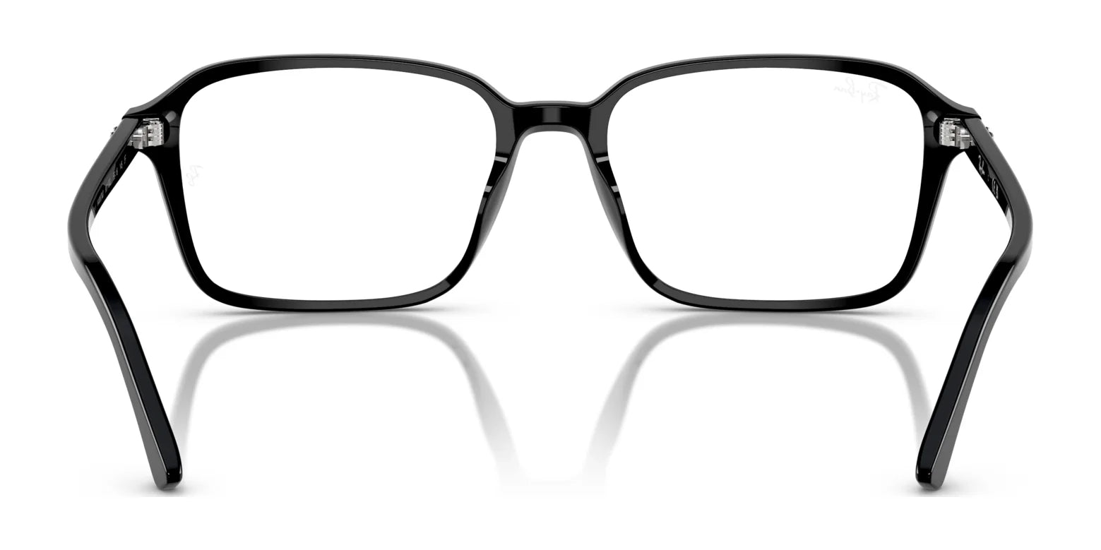 The front view of black rectangular frames with clear lenses reflects a timeless design. The superior quality echoes iconic styles, reminiscent of Ray-Ban RAIMOND RB2231F Sunglasses in Size 56.