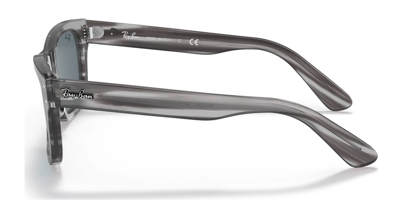 Gray translucent Ray-Ban MR BURBANK RB2283 sunglasses with acetate frames, viewed from the side, showcasing the iconic brand logo on the arms and offering 100% UV protection.