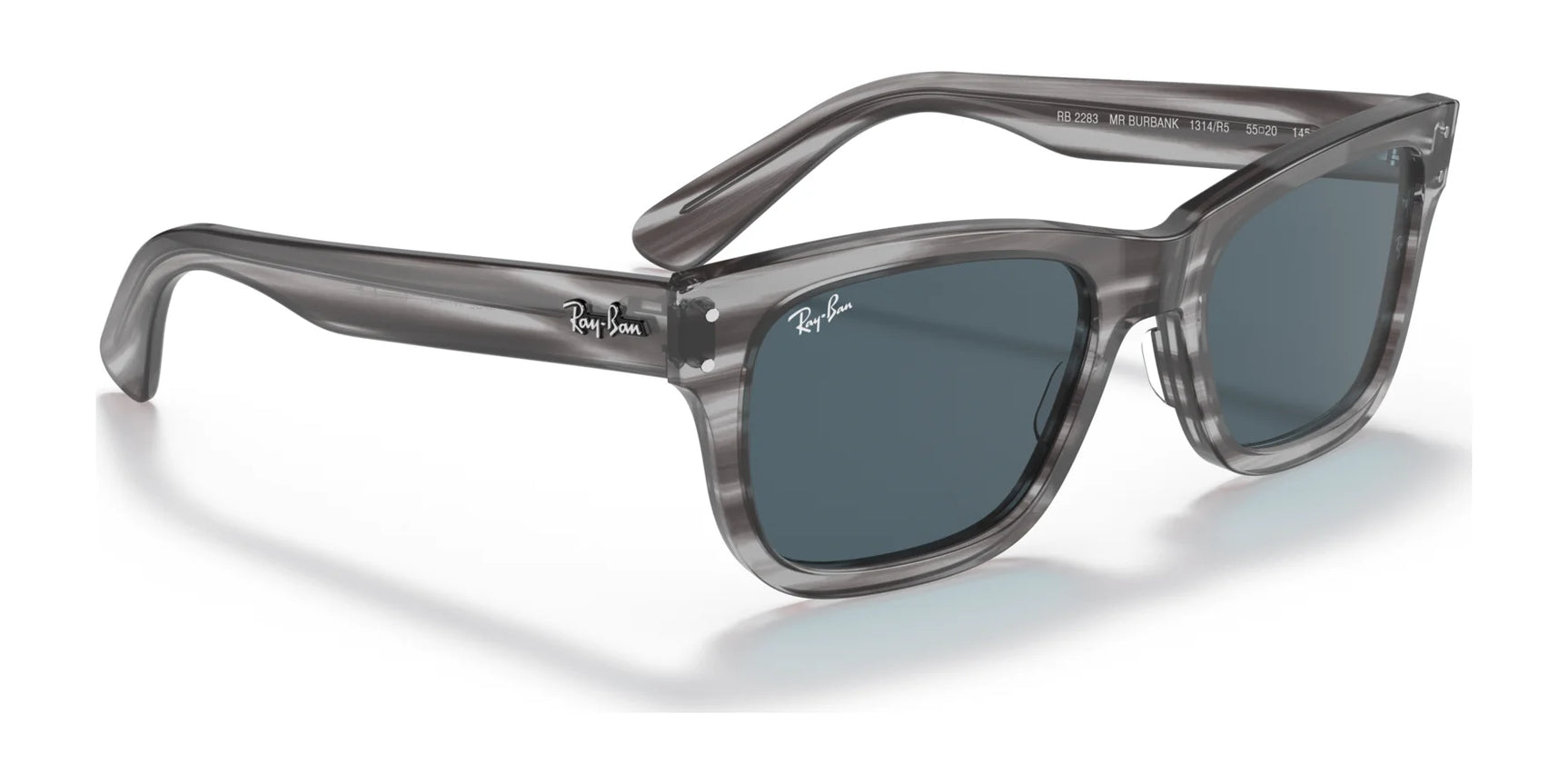 Ray-Ban MR BURBANK RB2283 sunglasses, featuring a gray semi-transparent frame, dark lenses, and 100% UV protection, skillfully displayed at an angle.