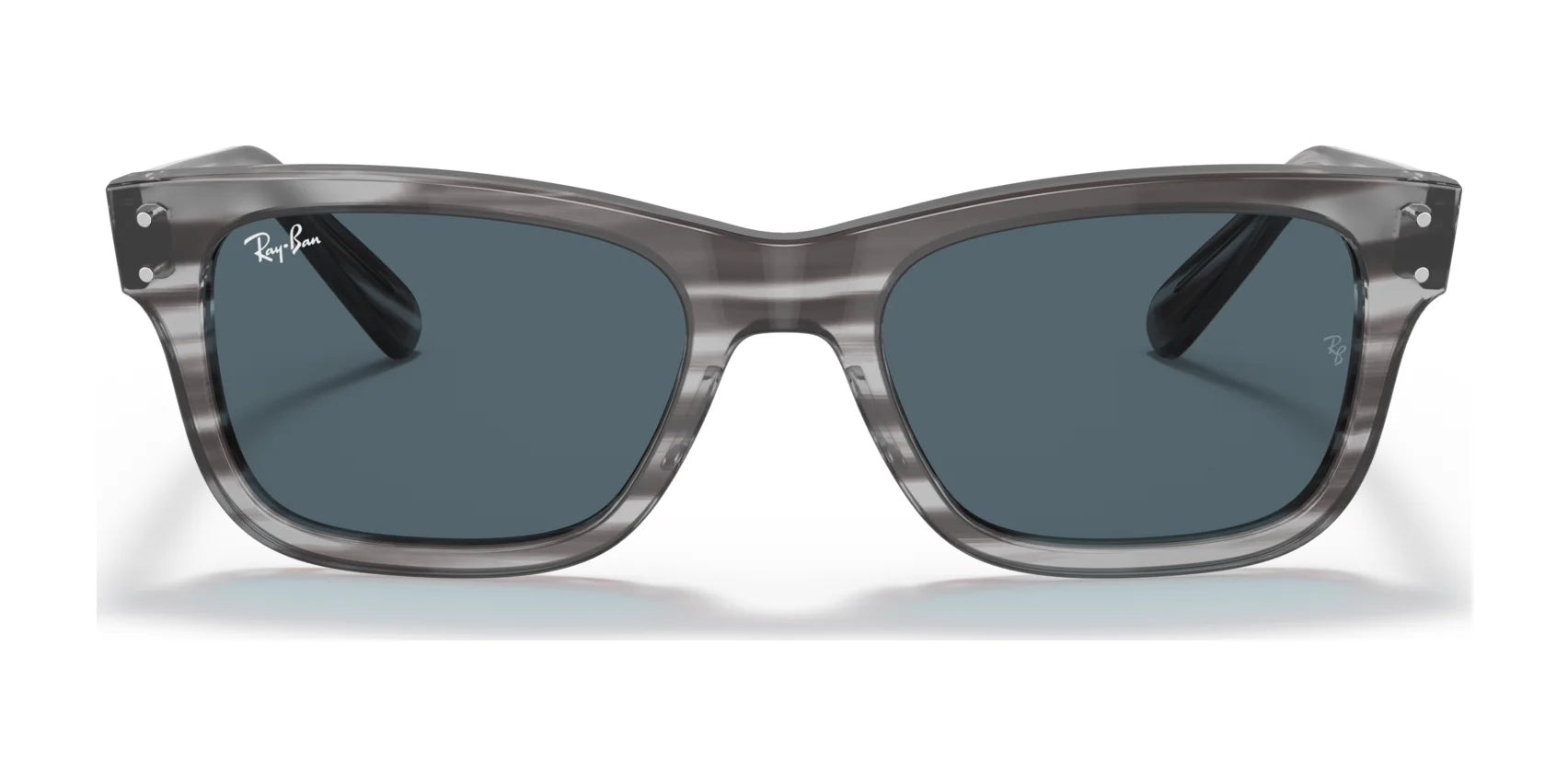 The Ray-Ban MR BURBANK RB2283 sunglasses have gray acetate frames, dark lenses, a visible brand logo on the upper left corner, and provide 100% UV protection.