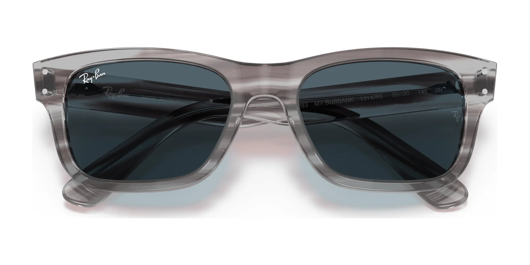 Ray-Ban MR BURBANK RB2283 sunglasses feature a sleek, transparent gray acetate frame with dark lenses and the iconic logo on the top left lens, offering 100% UV protection for a stylish look.